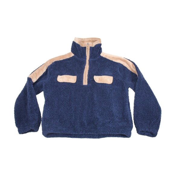 Faherty Mix Cord Fleece Pullover Zip Navy Tan Womens Small Sweater Jacket Shirt - Picture 1 of 4